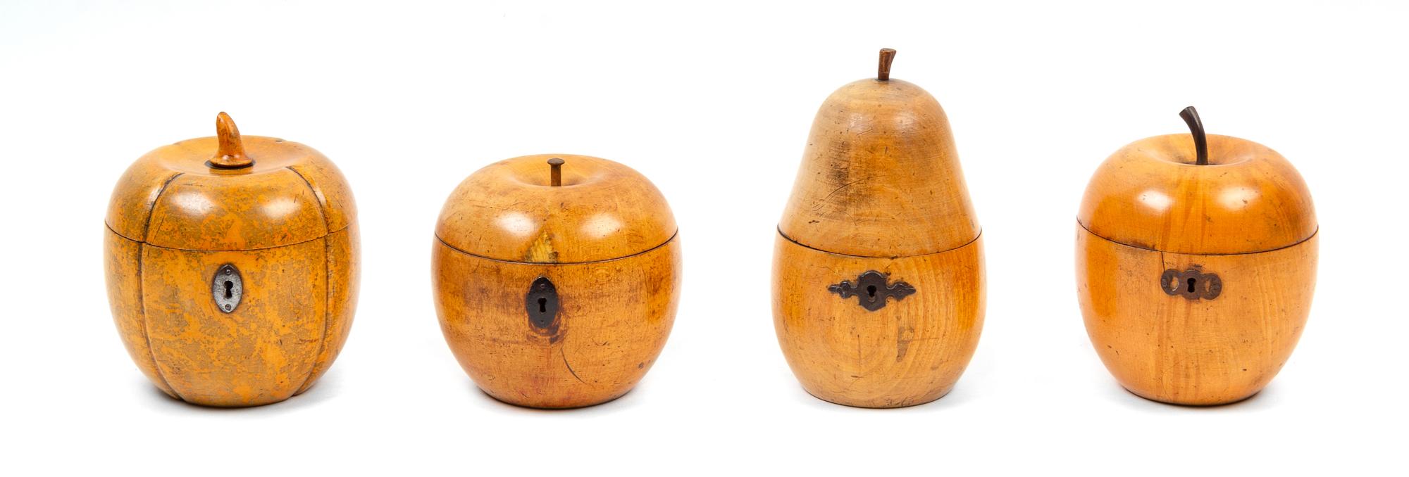 Four Regency Fruitwood Fruit-Form Tea Caddies Height of pear-form example 6 1/2 inches. — 19TH CENTURY
