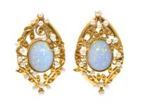 A Pair of 18 Karat Yellow Gold, Opal and Seed Pearl Foliate Motif Earclips, 14.80 dwts.