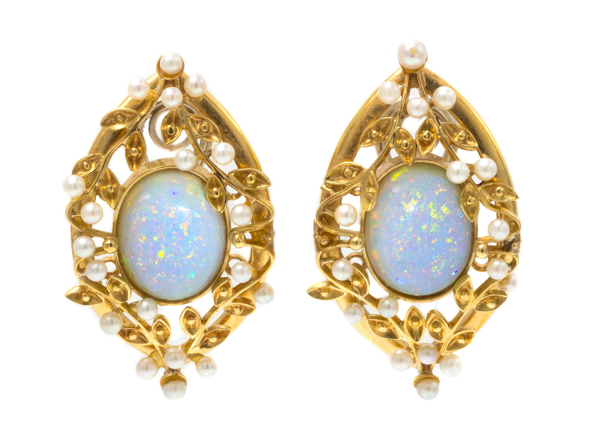 A Pair of 18 Karat Yellow Gold, Opal and Seed Pearl Foliate Motif Earclips, 14.80 dwts.