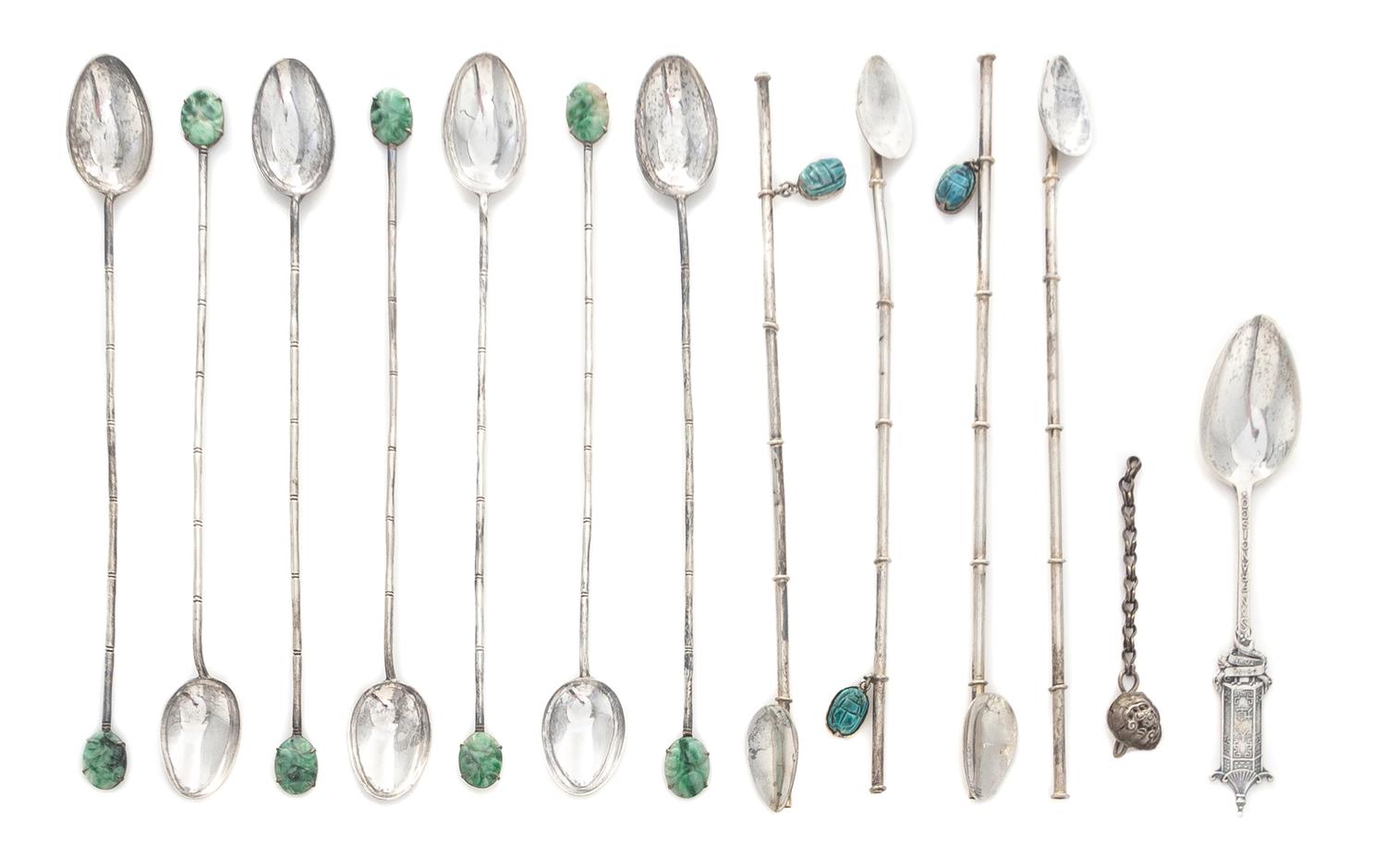 Twelve Chinese Export Silver Spoons, , comprising seven long spoons with jadeite inset terminals, each stamped MADE IN HK, 90% SILVER,