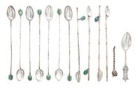 Twelve Chinese Export Silver Spoons, , comprising seven long spoons with jadeite inset terminals, each stamped MADE IN HK, 90% SILVER,