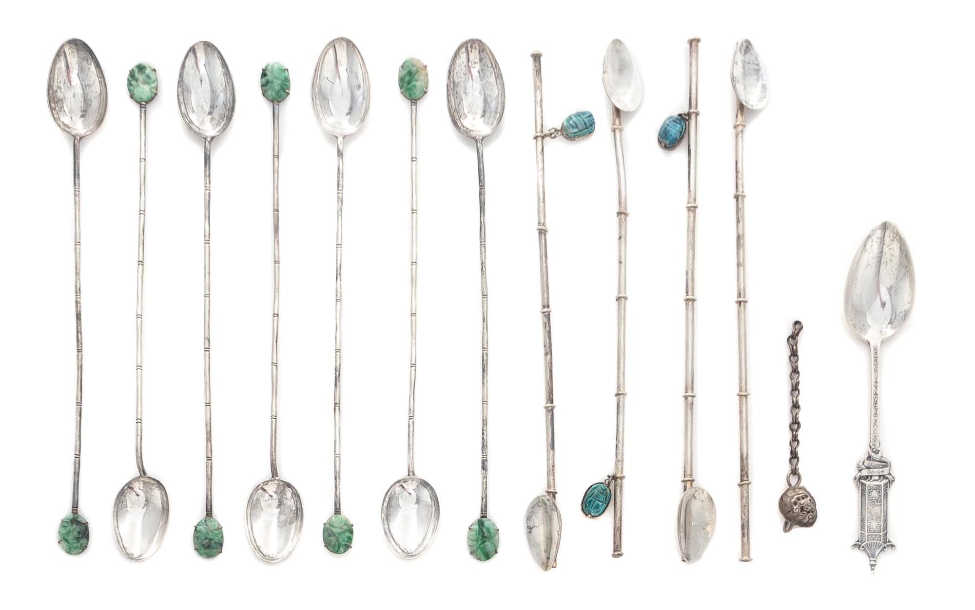 Twelve Chinese Export Silver Spoons, , comprising seven long spoons with jadeite inset terminals, each stamped MADE IN HK, 90% SILVER,