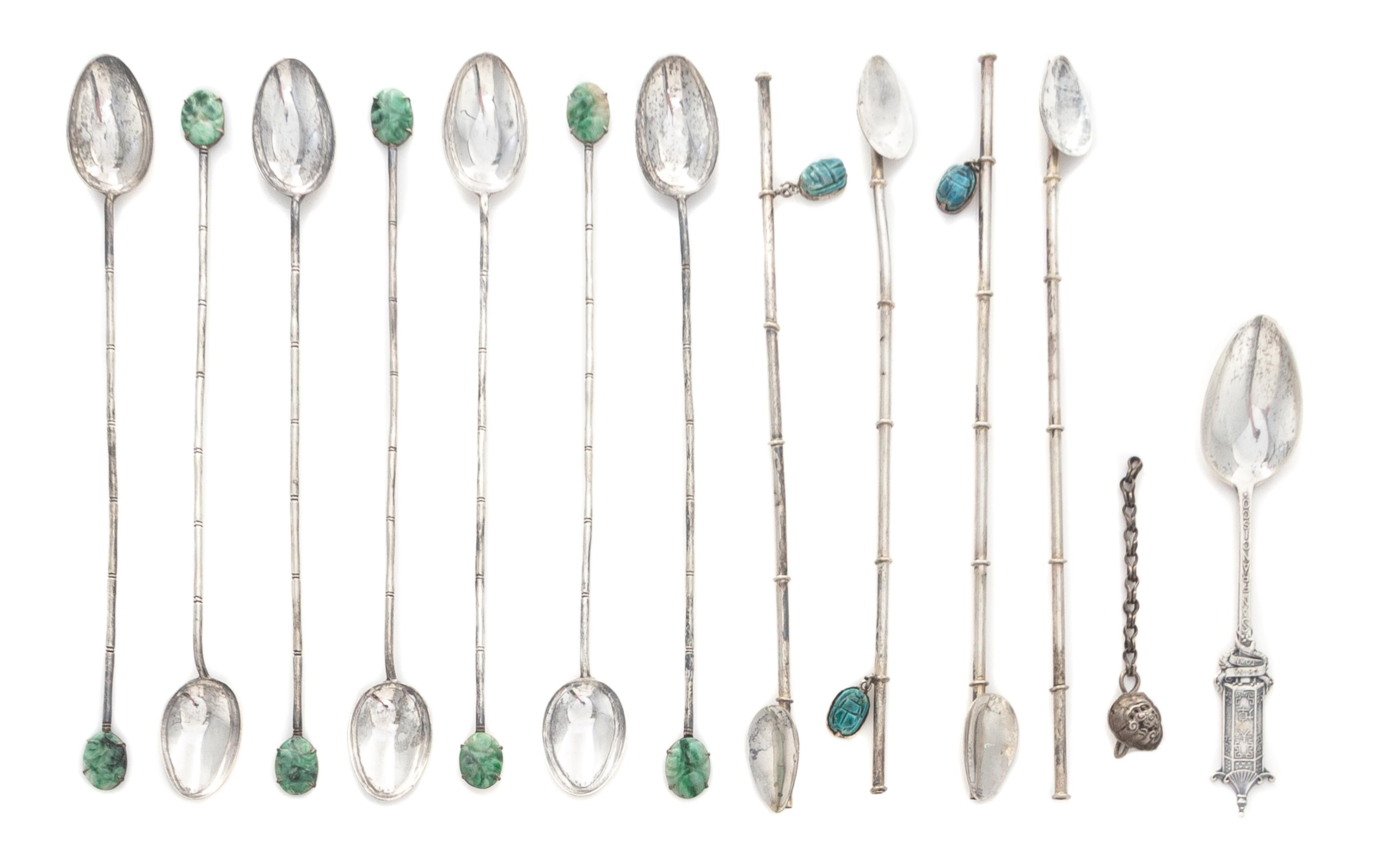 Twelve Chinese Export Silver Spoons, , comprising seven long spoons with jadeite inset terminals, each stamped MADE IN HK, 90% SILVER,