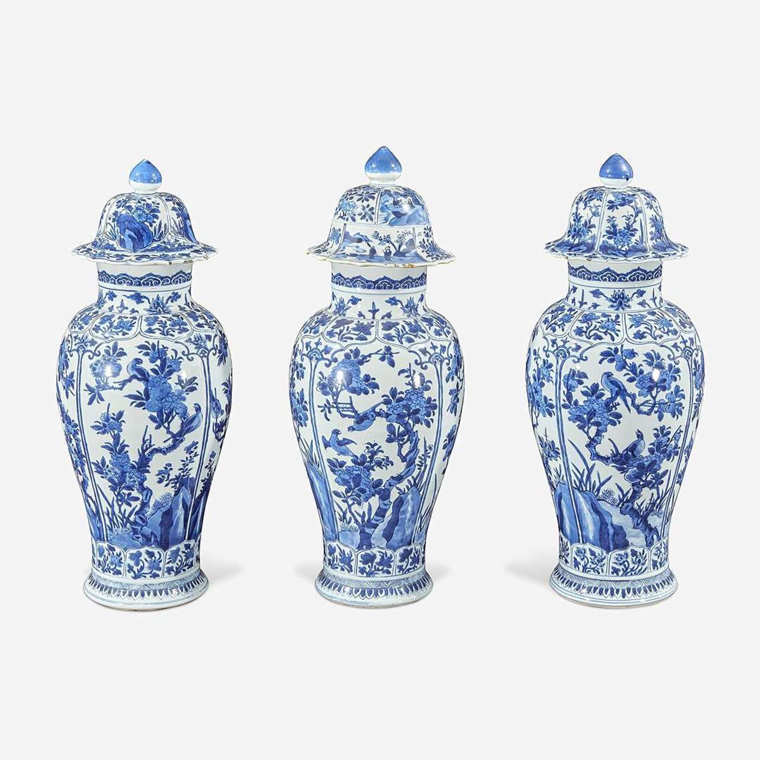 Three Chinese blue and white porcelain baluster vases and covers Kangxi period