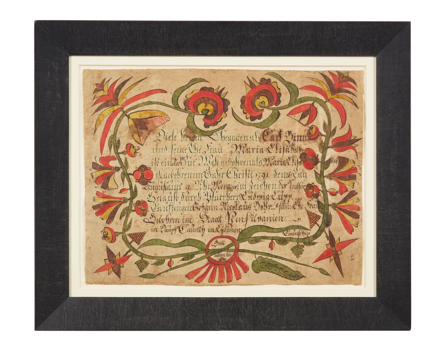 A Fraktur Birth and Baptism Record, Attributed to Arnold Hoevelman (active 1771-1796), Dated "1791"