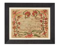 A Fraktur Birth and Baptism Record, Attributed to Arnold Hoevelman (active 1771-1796), Dated "1791"