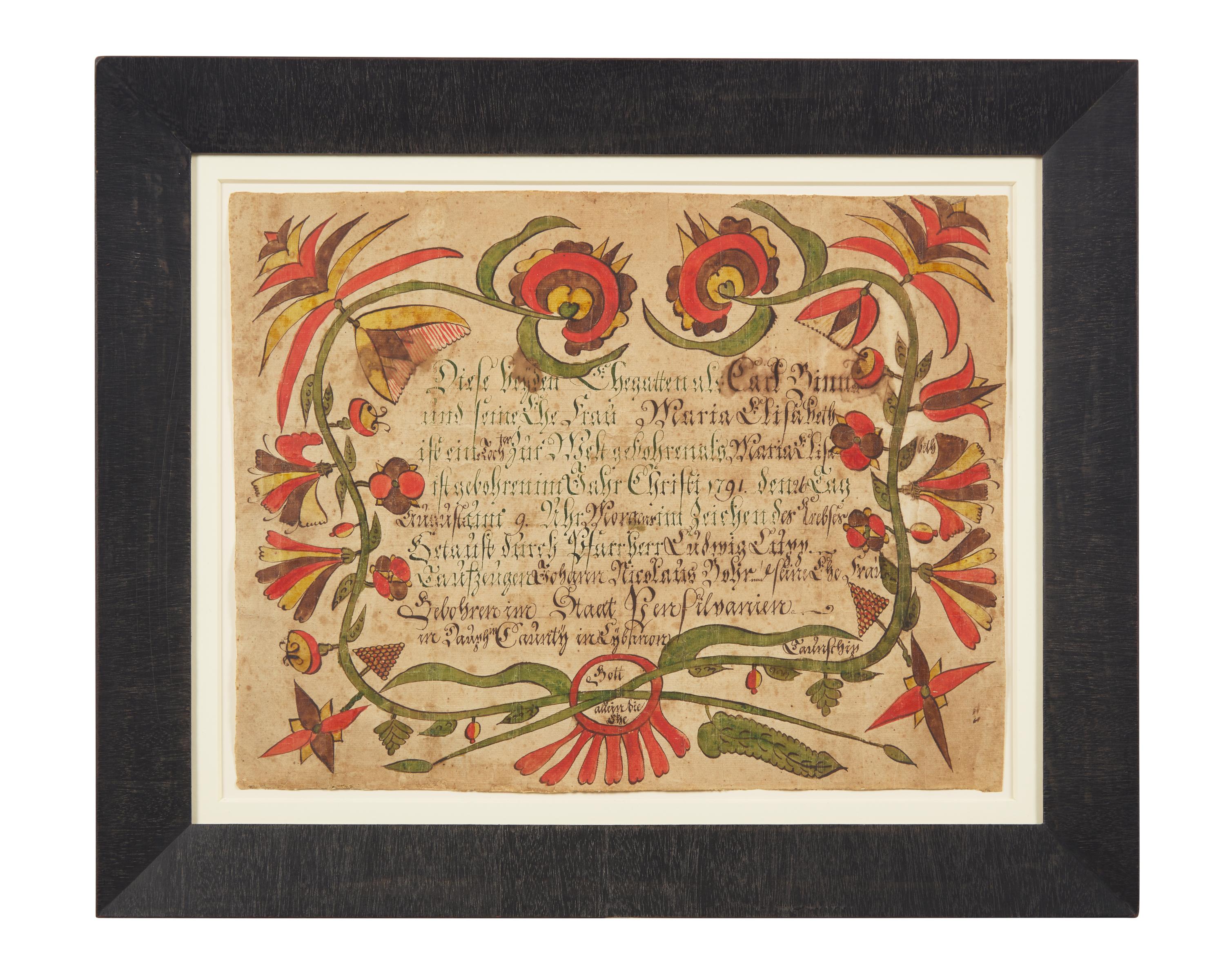 A Fraktur Birth and Baptism Record, Attributed to Arnold Hoevelman (active 1771-1796), Dated "1791"