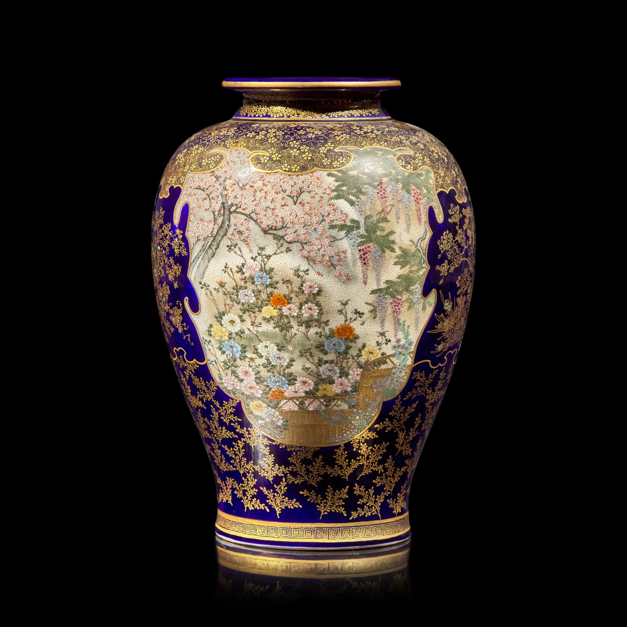 A Satsuma-Type Cobalt-Ground Vase, Kinkozan Studio, Meiji Period