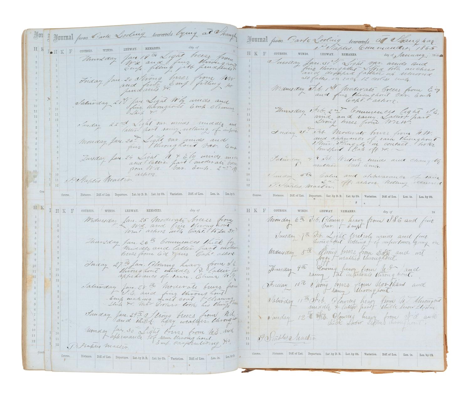 [MARITIME]. Log of the Barques Wavelet , Looling , and J.H. Wills documenting journeys in East Asia, ca 1862-1865. [ With: ] Notebook containing sea shanties and sketches of ships, ca 1862-63.
