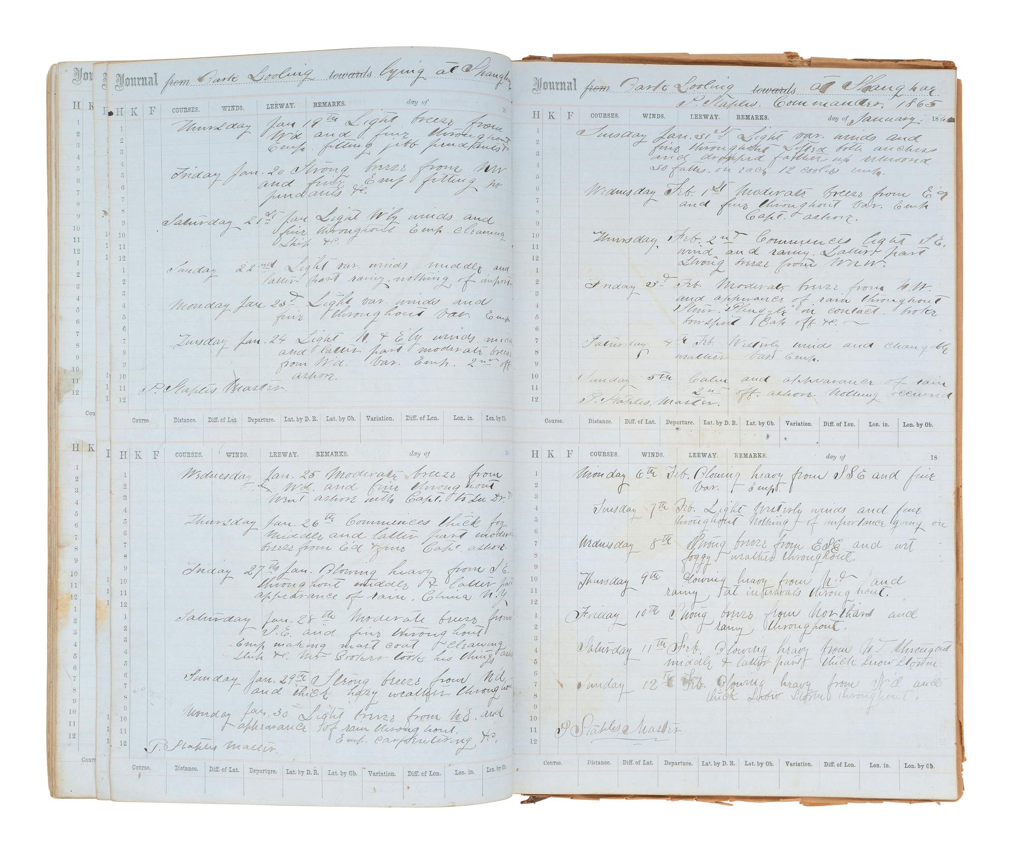 [MARITIME]. Log of the Barques Wavelet , Looling , and J.H. Wills documenting journeys in East Asia, ca 1862-1865. [ With: ] Notebook containing sea shanties and sketches of ships, ca 1862-63.