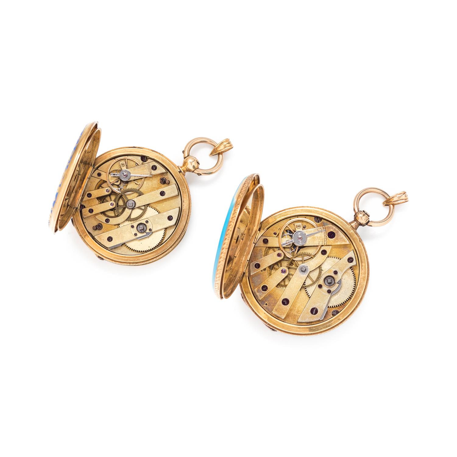COLLECTION OF 18K YELLOW GOLD AND ENAMEL HUNTER CASE POCKET WATCHES