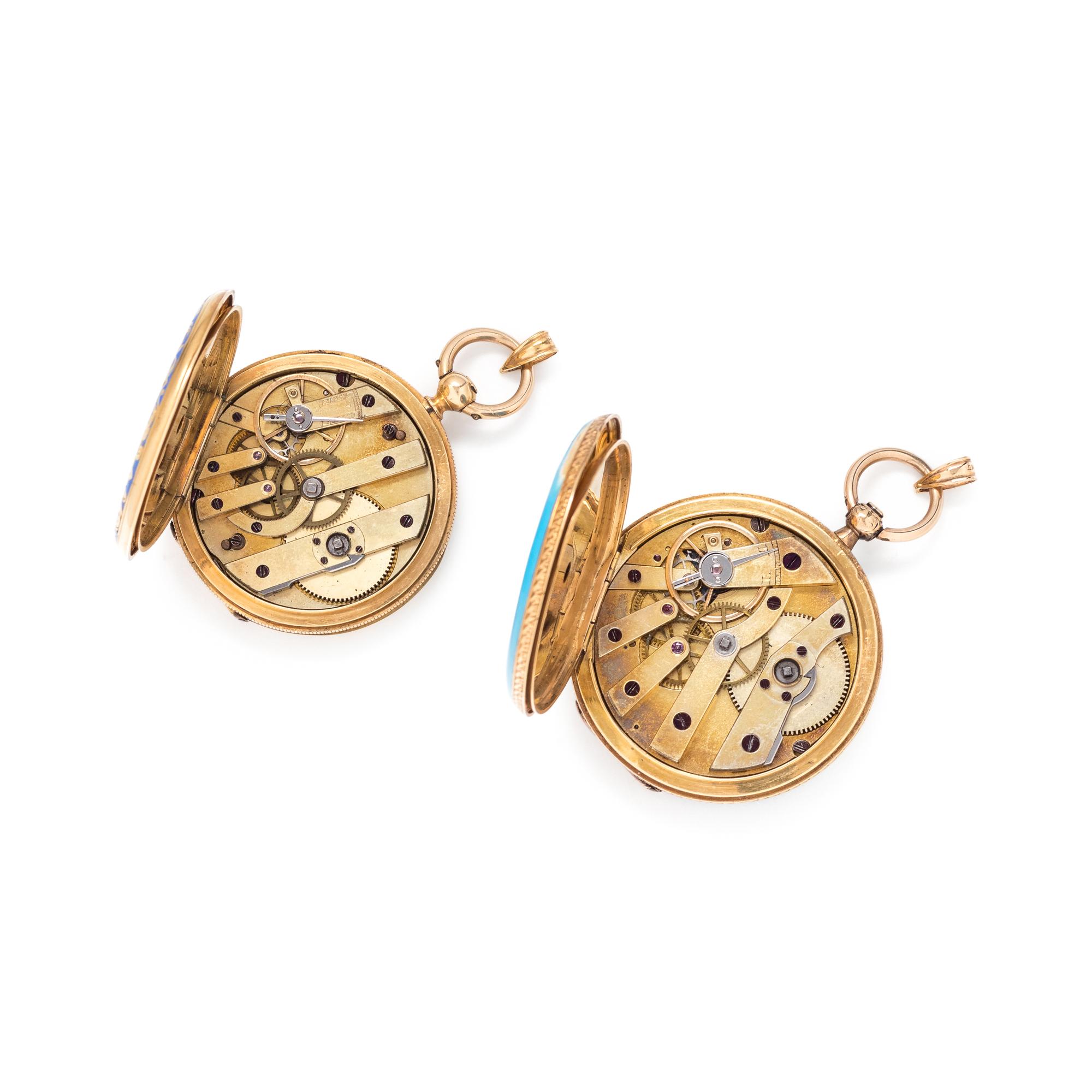 COLLECTION OF 18K YELLOW GOLD AND ENAMEL HUNTER CASE POCKET WATCHES