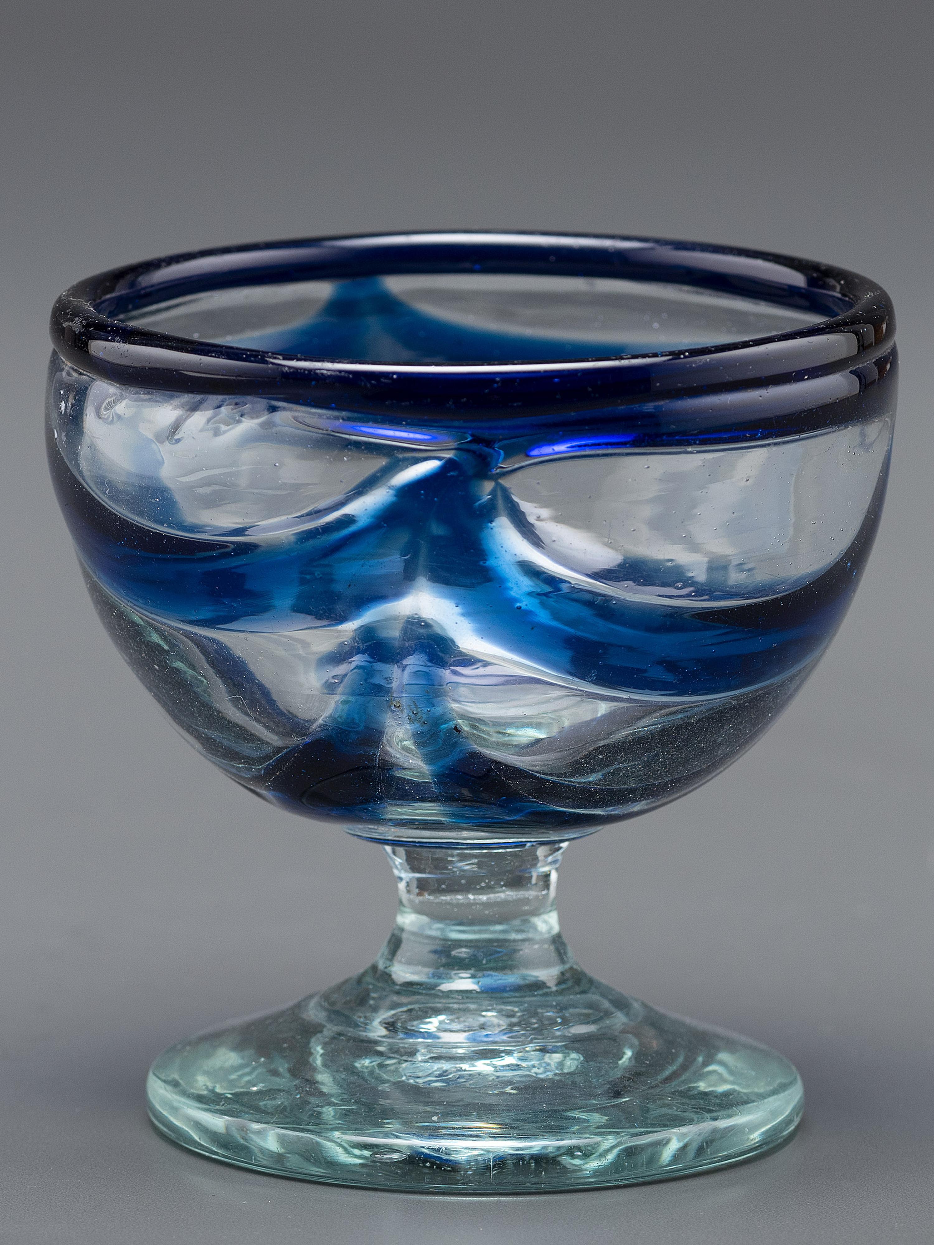 A South Jersey-Type Footed Eating Bowl in Clear and Cobalt Blue