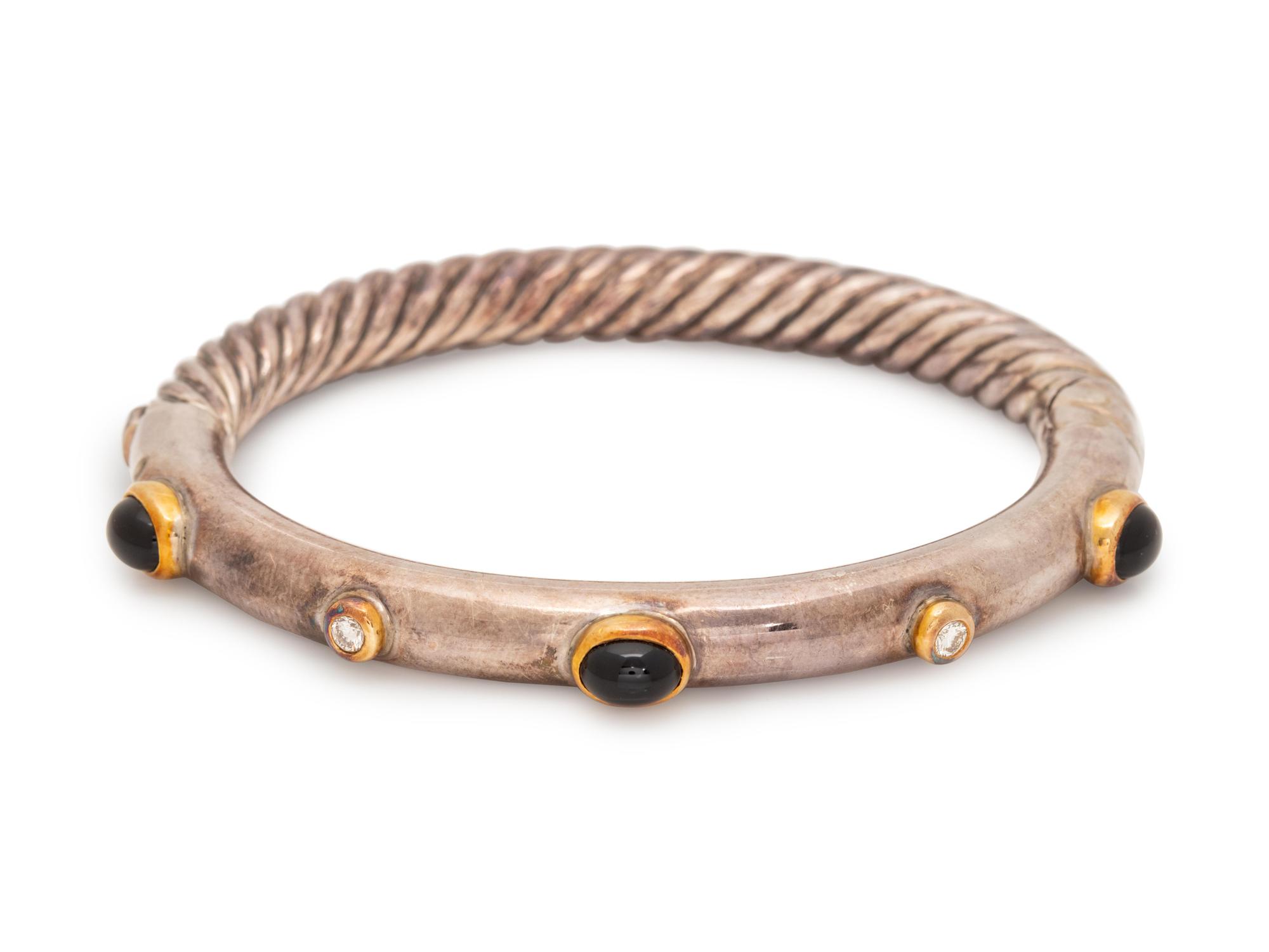 DAVID YURMAN, SILVER, YELLOW GOLD, ONYX AND DIAMOND 'CABLE' BANGLE BRACELET