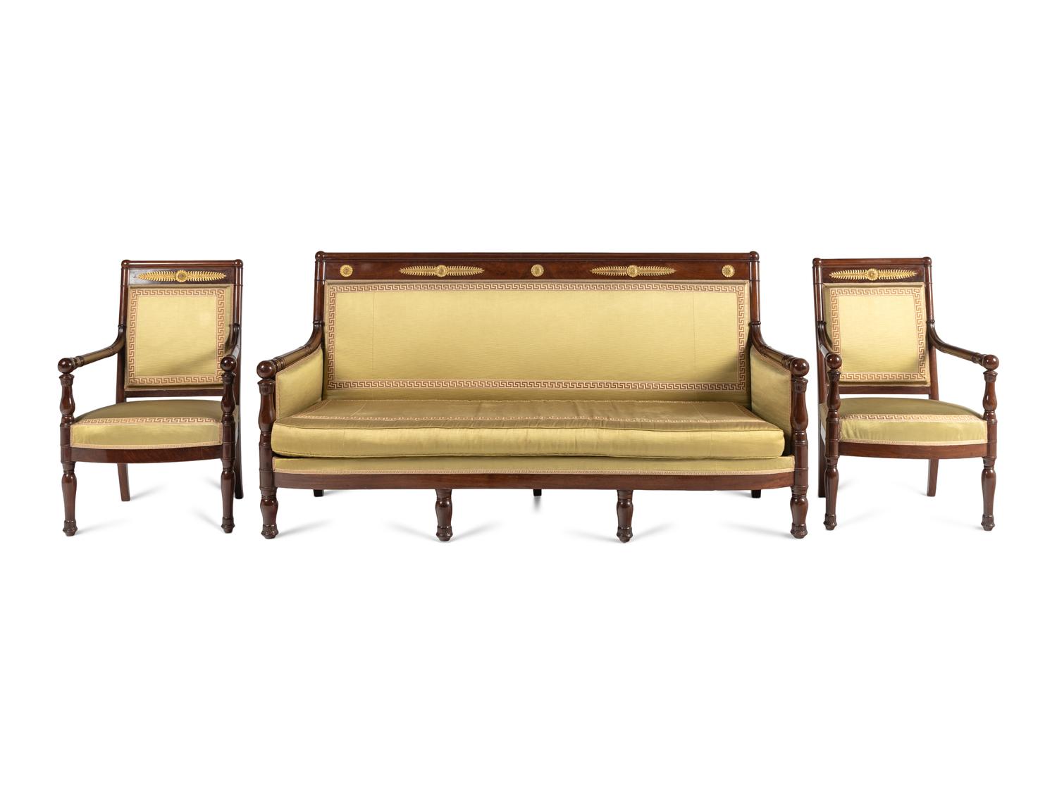 A Restauration Gilt Bronze Mounted Mahogany Three-Piece Seating Suite
