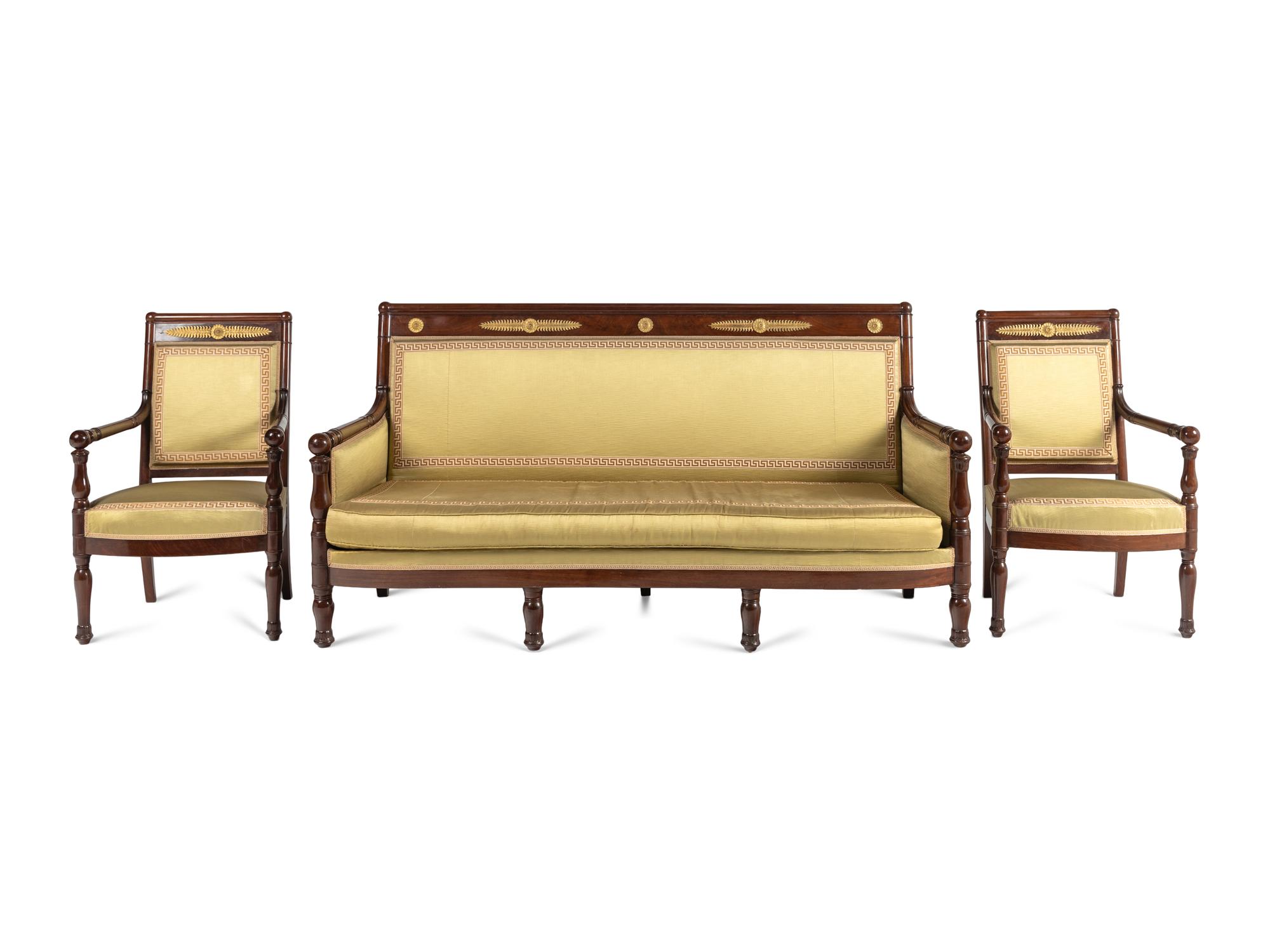 A Restauration Gilt Bronze Mounted Mahogany Three-Piece Seating Suite