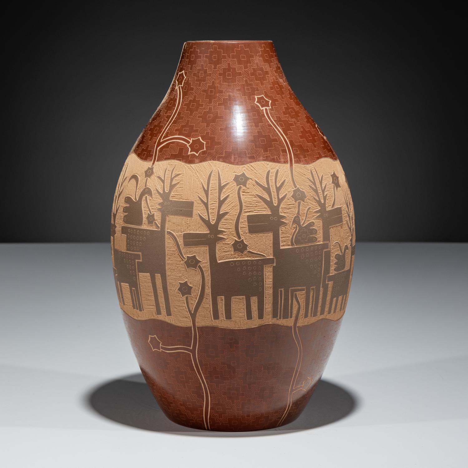 Redware Pottery Jar, with Sgraffito Deer and Parrots