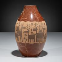 Redware Pottery Jar, with Sgraffito Deer and Parrots