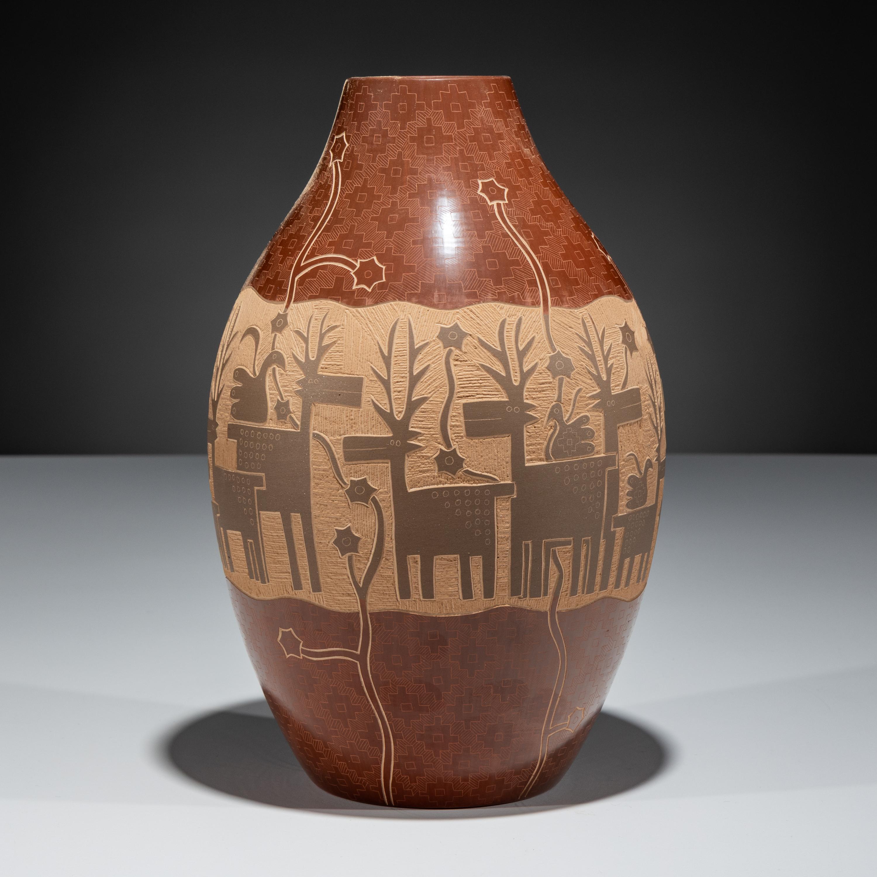Redware Pottery Jar, with Sgraffito Deer and Parrots