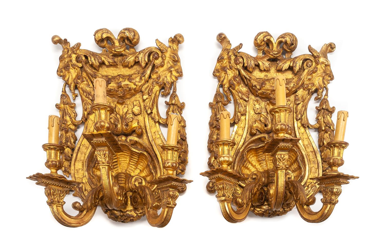 A Pair of Italian Giltwood Three-Light Girandoles Height 22 x width 15 1/2 inches. — 19TH CENTURY