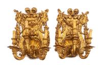 A Pair of Italian Giltwood Three-Light Girandoles Height 22 x width 15 1/2 inches. — 19TH CENTURY