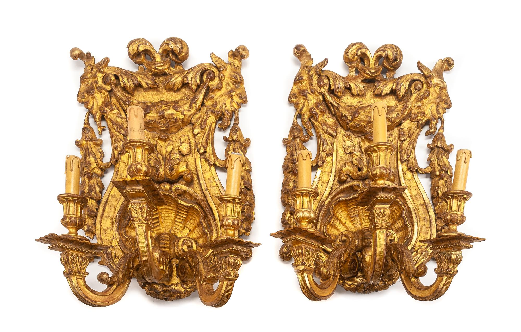 A Pair of Italian Giltwood Three-Light Girandoles Height 22 x width 15 1/2 inches. — 19TH CENTURY