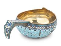 A Russian Silver and Enamel Kovsh
