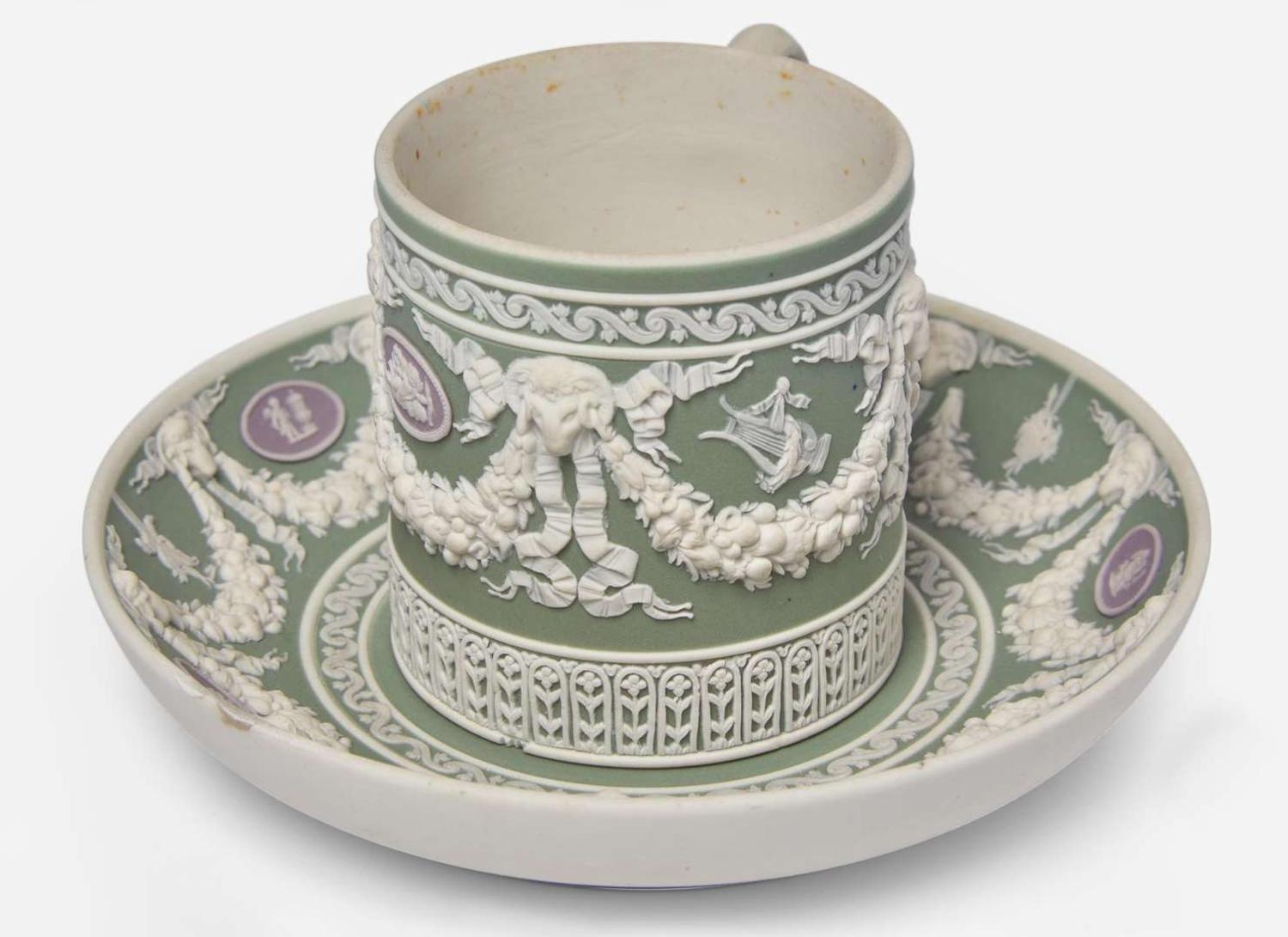 A Wedgwood Tricolor Jasperware Can Cup and Saucer, UK, late 19th century
