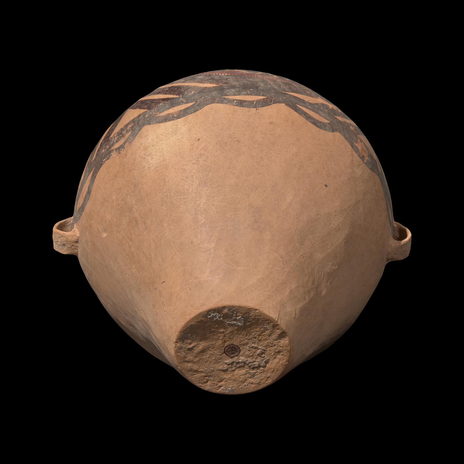 A Large Chinese Painted Pottery Handled Jar, Neolithic Period, Majiayao Culture, Banshan Type 馬家窯文化半山型旋渦鋸齒紋雙耳彩陶罐