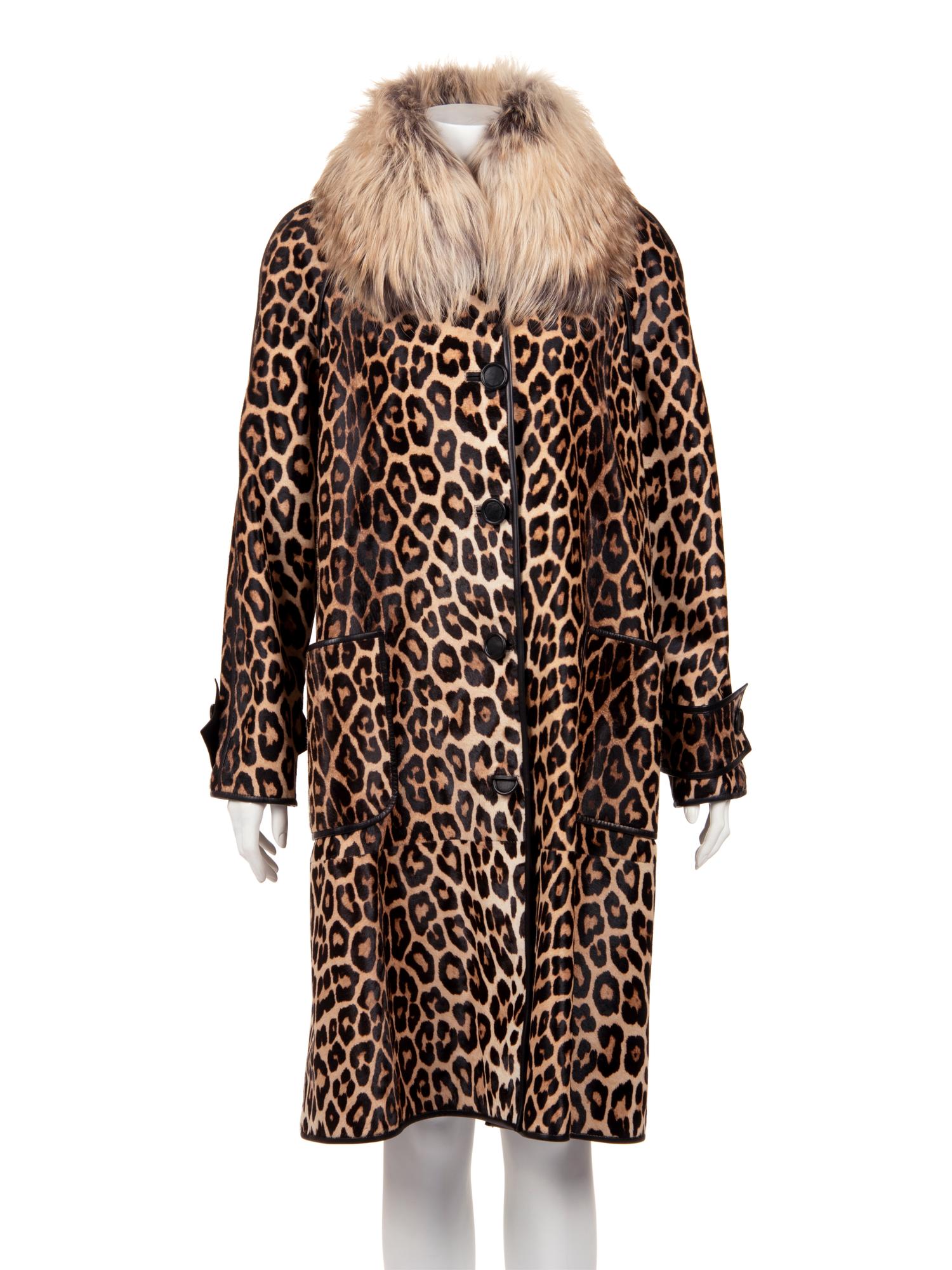 J. Mendel Leopard Print Cavallino Trench Coat with Fox Collar