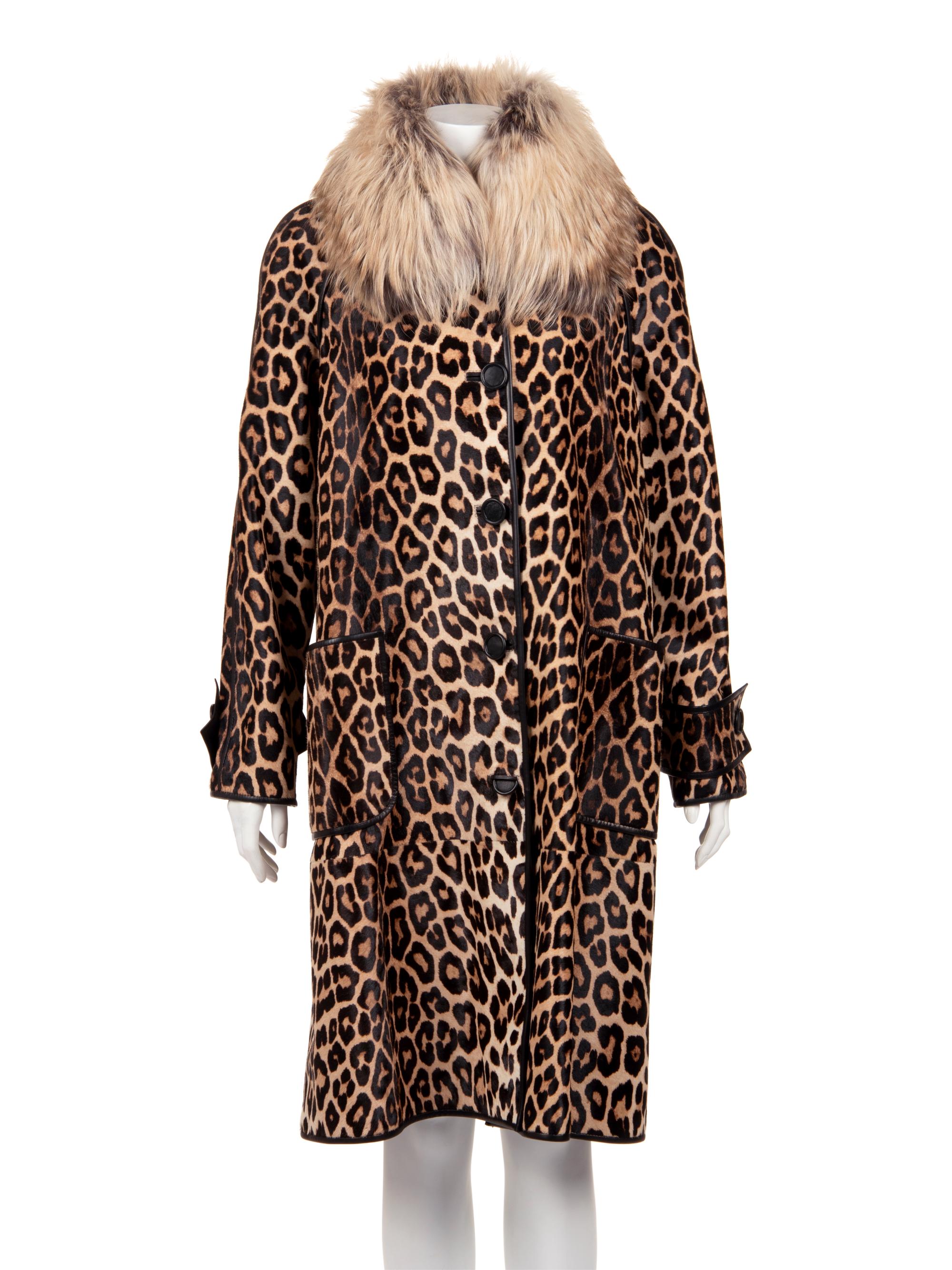 J. Mendel Leopard Print Cavallino Trench Coat with Fox Collar