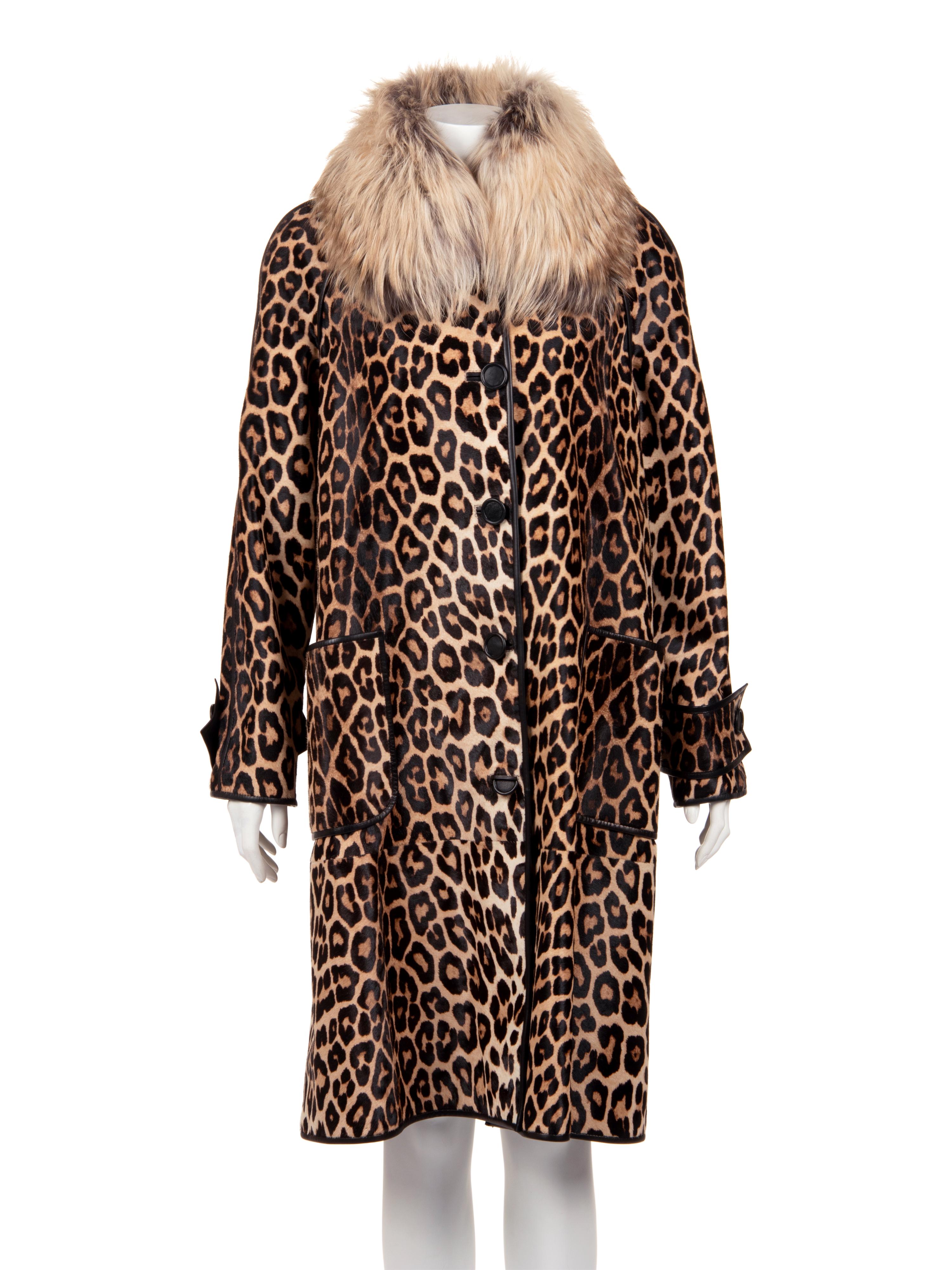 J. Mendel Leopard Print Cavallino Trench Coat with Fox Collar