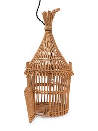 A Small Rattan Bird Cage Wired as a Pendant Light Fixture
