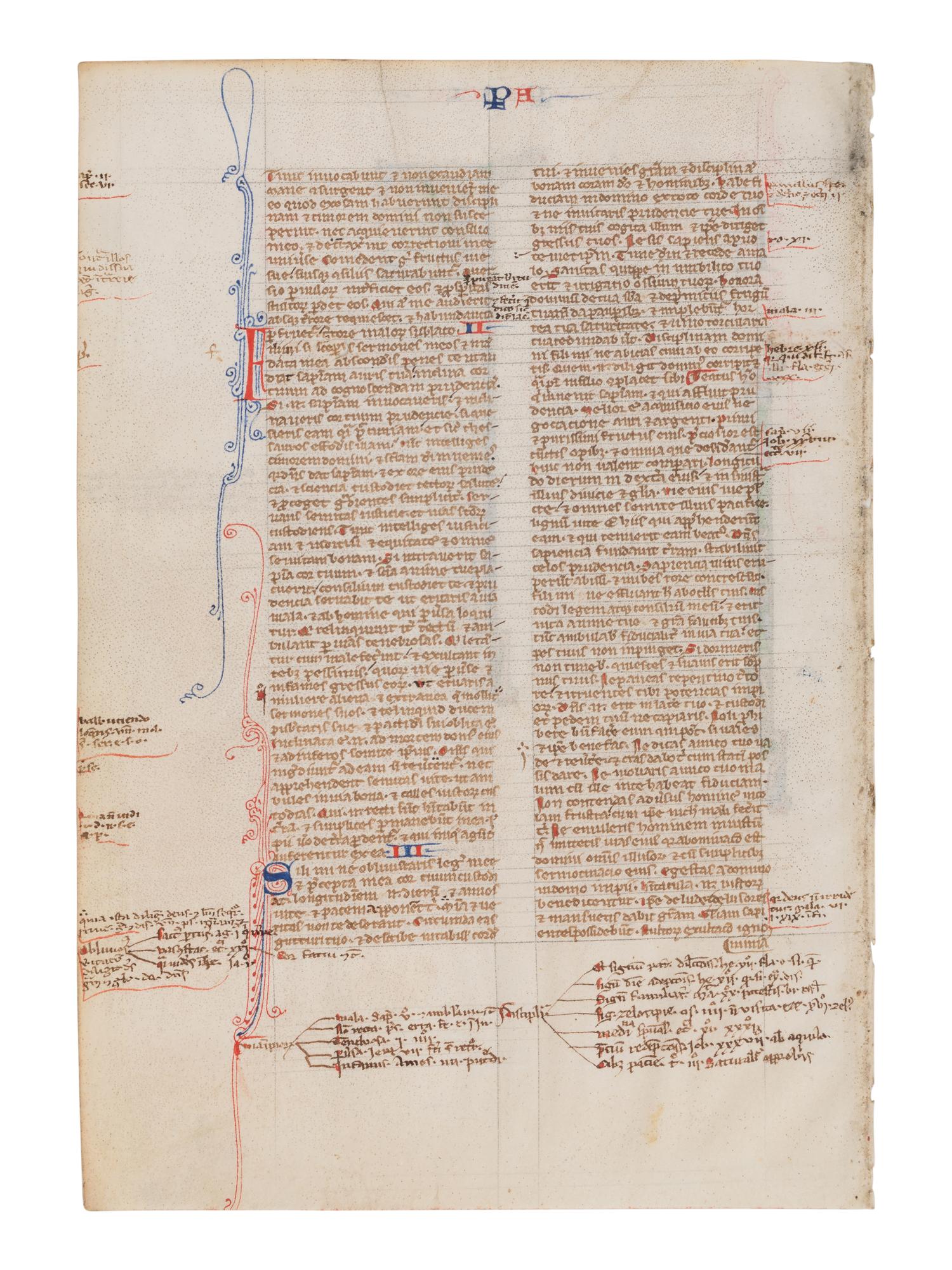 VIE DE SAINT DENIS ATELIER (active Paris, c. 1240-1260) Four leaves from a Bible, including one spectacular historiated initial ‘I’ of the Six Days of Creation and Christ Blessing, one historiated initial ‘D’ of David in Prayer, and one historiated initial D of Solomon with a rod, in Latin, illuminated manuscript on parchment [France, Paris, c. 1240-1260]
