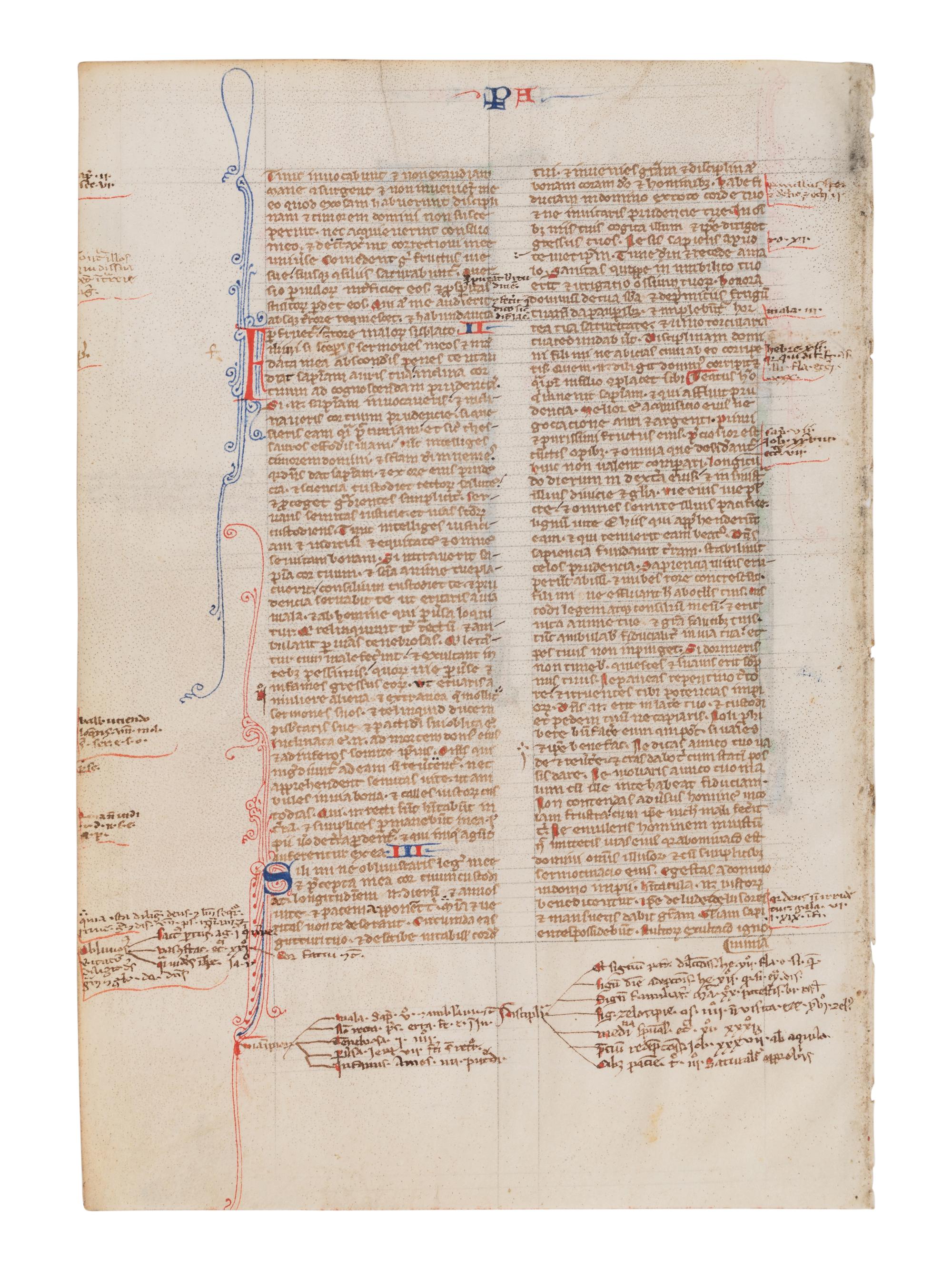VIE DE SAINT DENIS ATELIER (active Paris, c. 1240-1260) Four leaves from a Bible, including one spectacular historiated initial ‘I’ of the Six Days of Creation and Christ Blessing, one historiated initial ‘D’ of David in Prayer, and one historiated initial D of Solomon with a rod, in Latin, illuminated manuscript on parchment [France, Paris, c. 1240-1260]