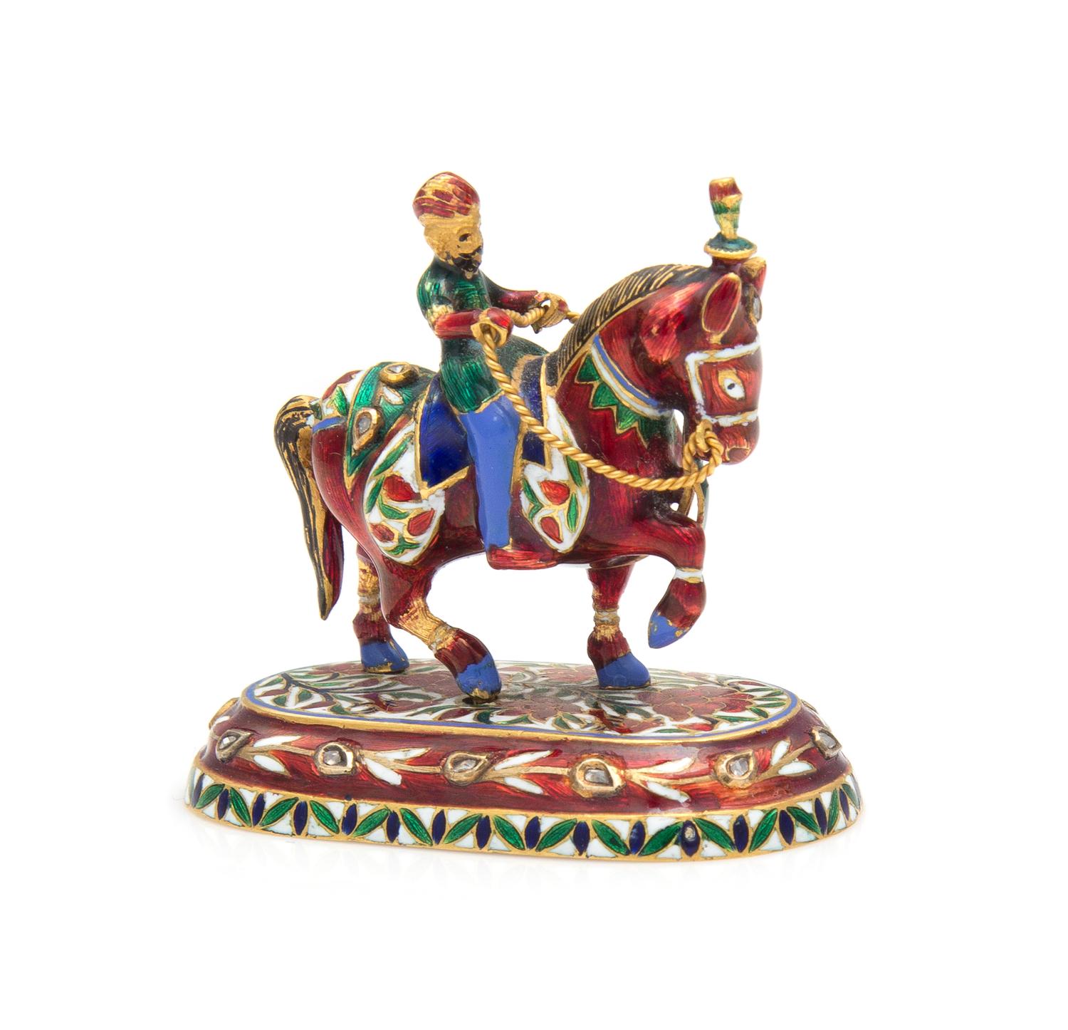 A Mughal Style Gold, Enamel and Gem Inset Figural Group, 20th Century, depicting a horse and rider, raised on an oval base worked in en