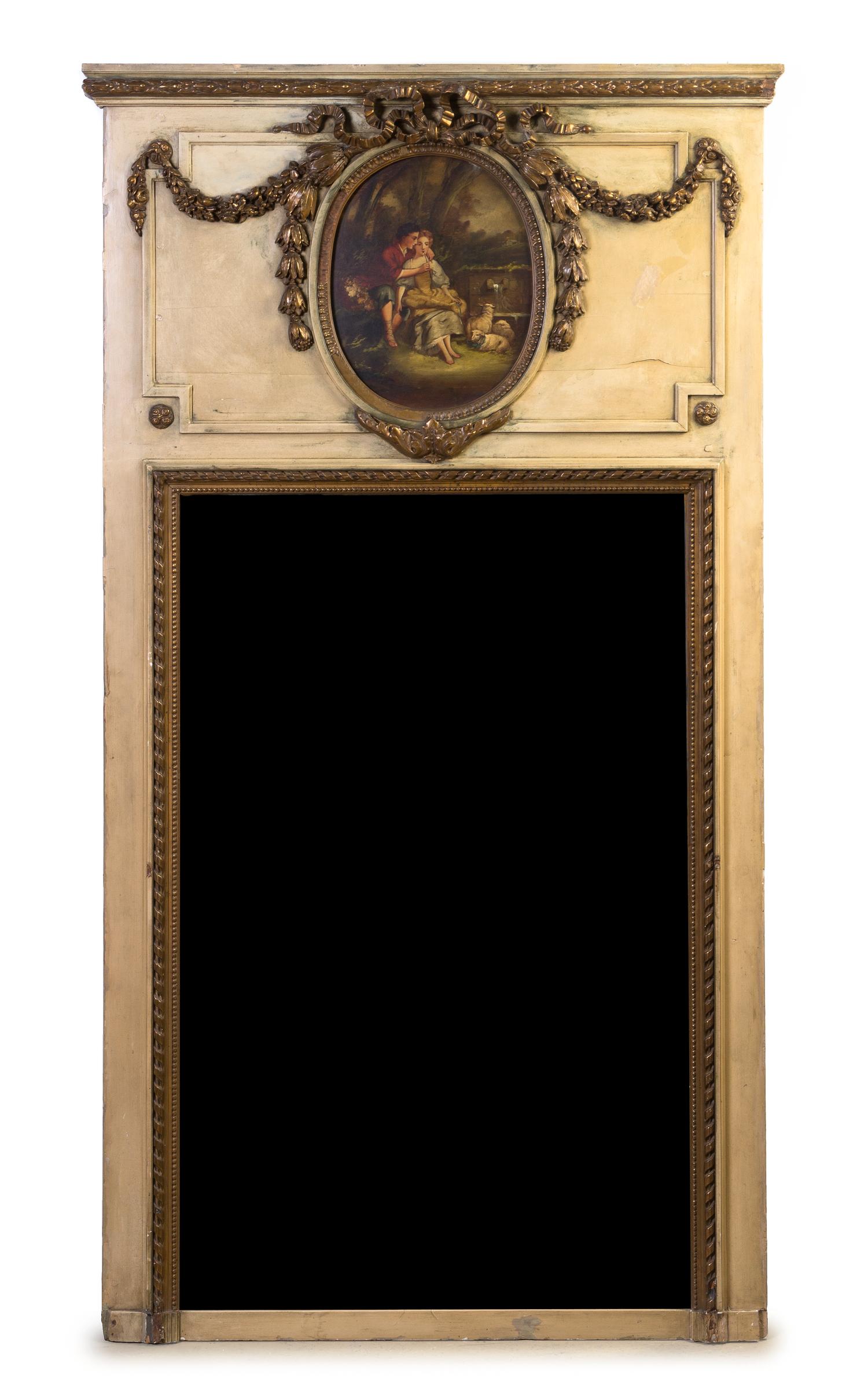 A Louis XVI Style Painted and Parcel Gilt Trumeau Mirror, Height 69 3/8 x width 37 3/4 inches.