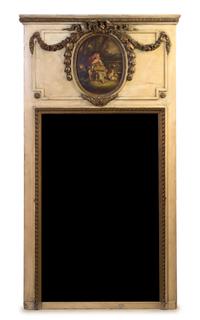 A Louis XVI Style Painted and Parcel Gilt Trumeau Mirror, Height 69 3/8 x width 37 3/4 inches.