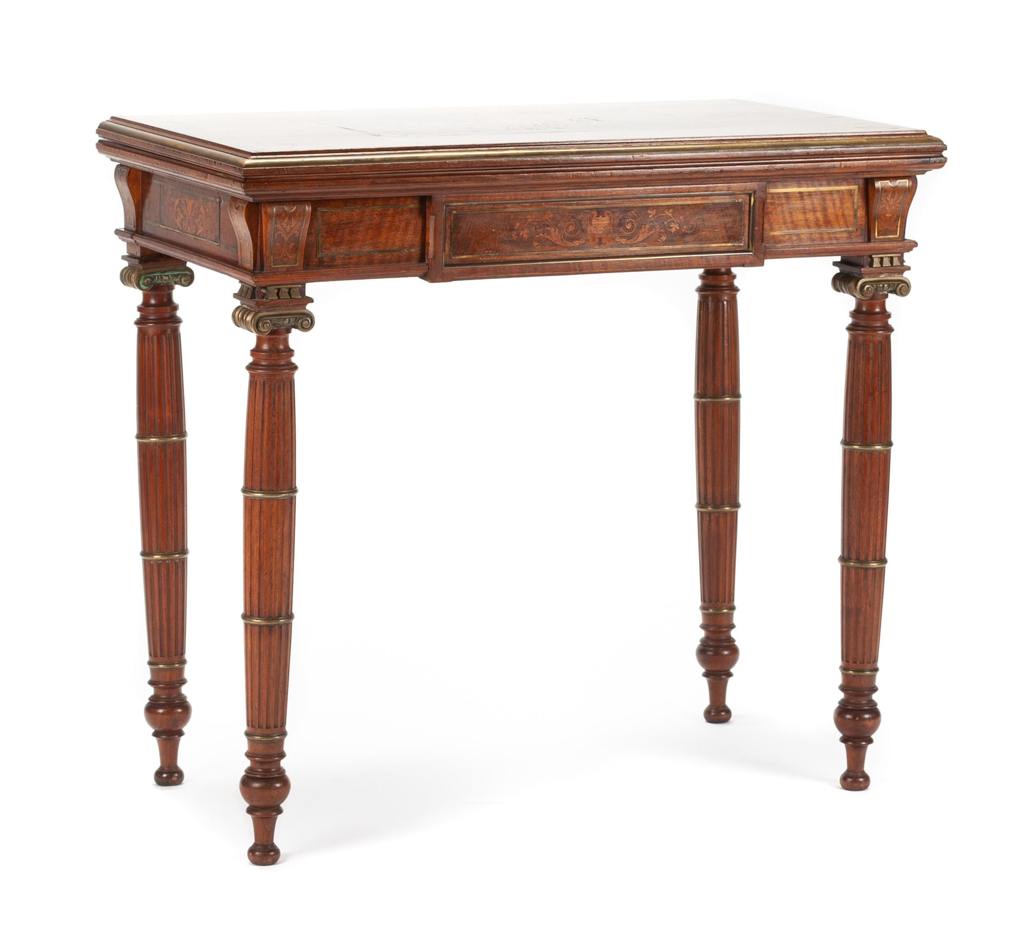 A French Bronze Mounted Mahogany and Marquetry Flip-Top Game Table Height 31 x width 33 3/4 x depth 18 inches. — 19TH CENTURY