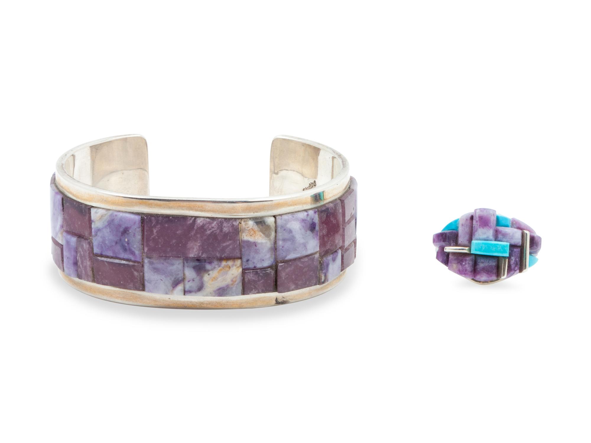 Lepidolite, Rhodochrosite and Silver Cuff Bracelet, together with Turquoise and Charoite ring