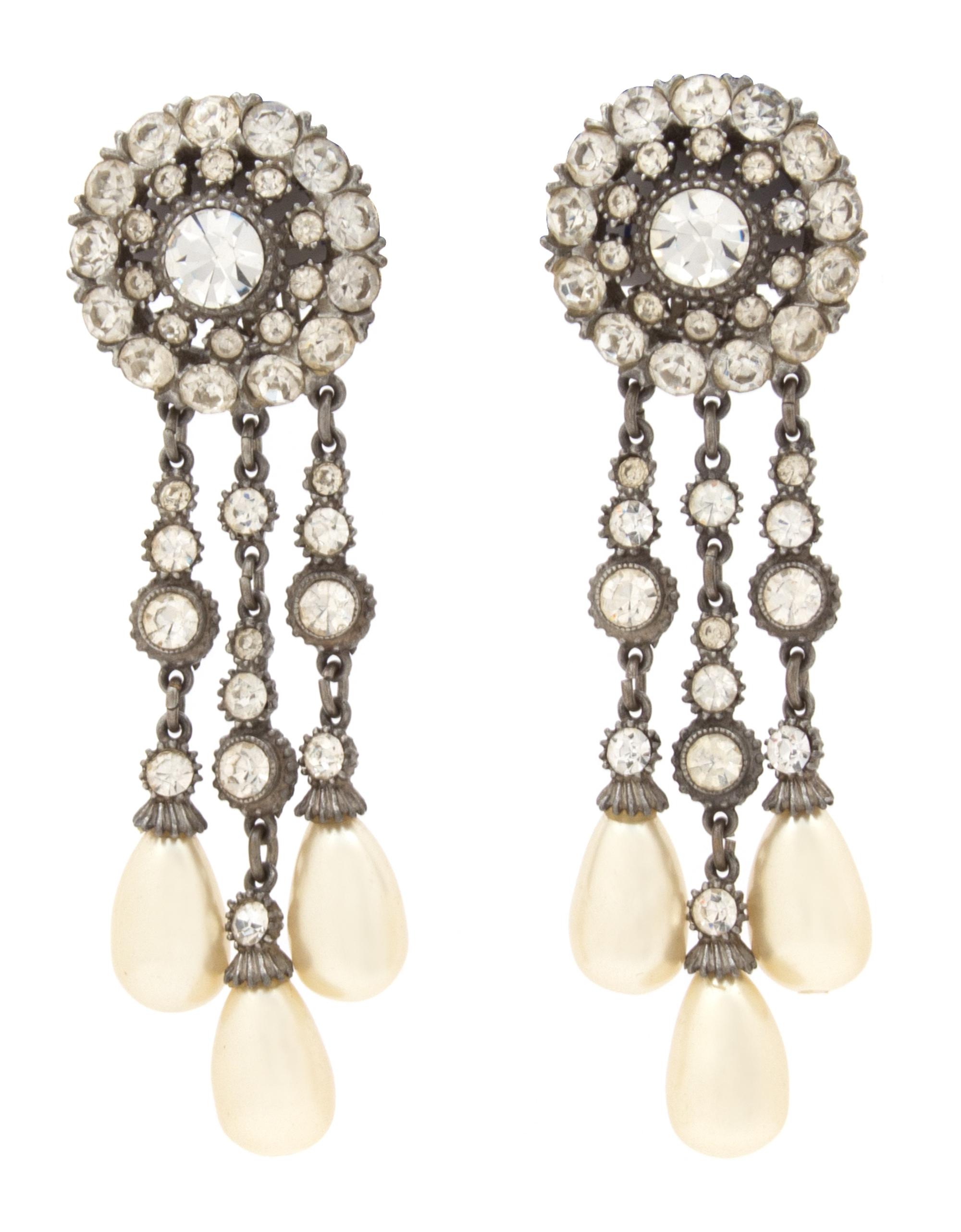 A Pair of Ben-Amun Rhinestone Drop Earclips, 3" x 1".