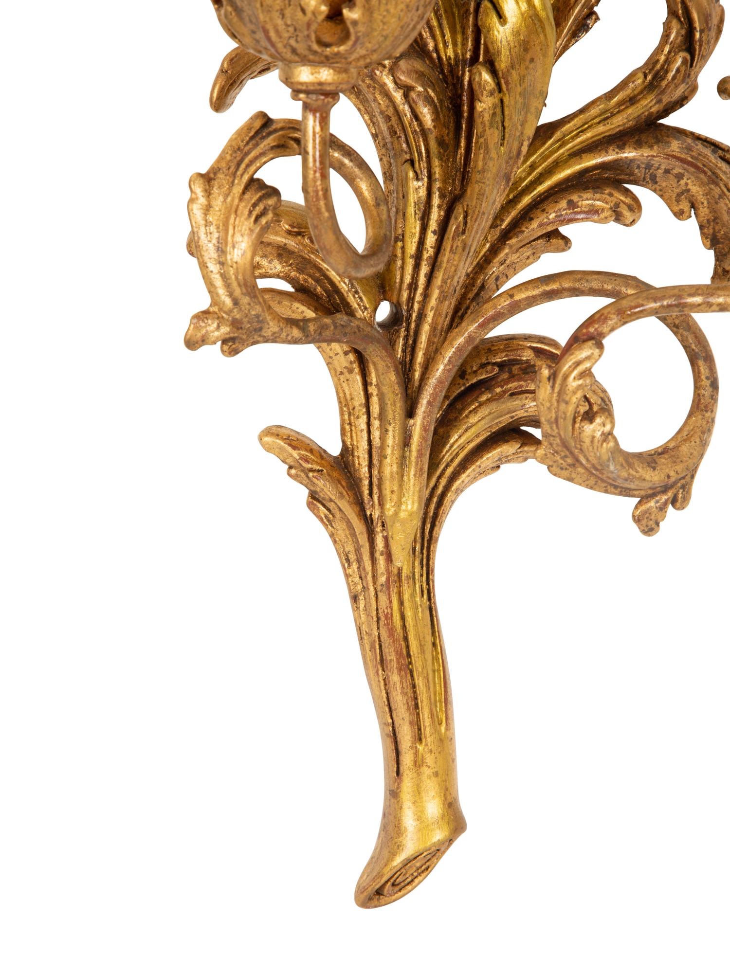 A Pair of Italian Giltwood Two Light Wall Sconces
