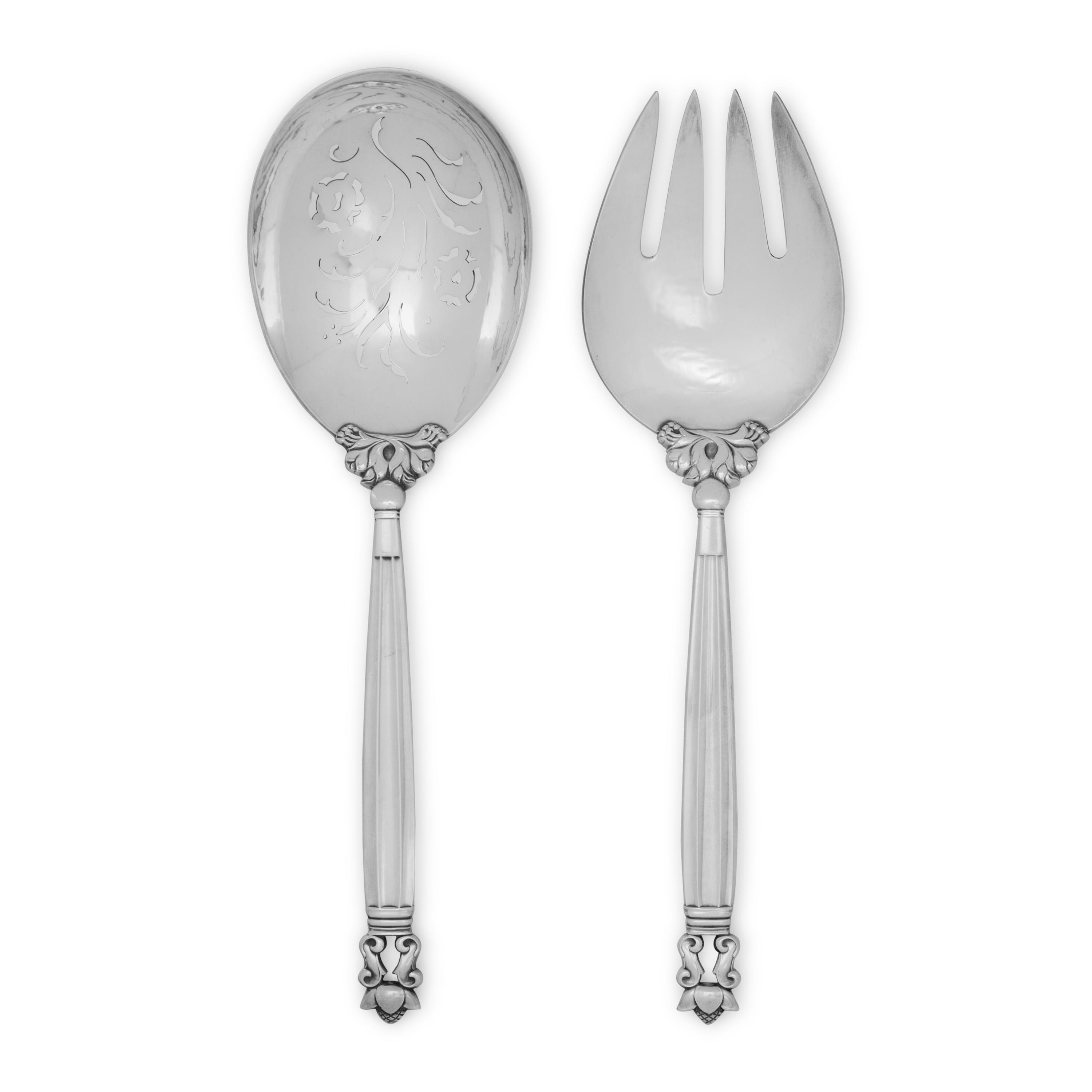 A Georg Jensen Acorn Silver Salad Serving Set