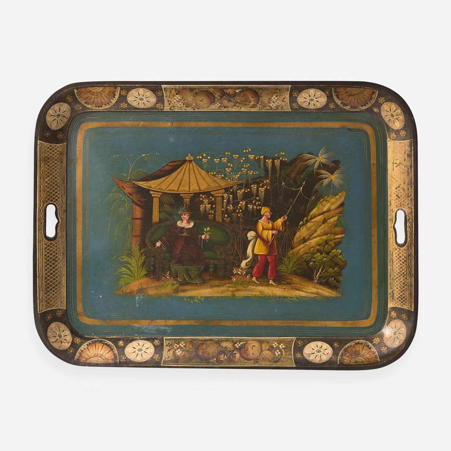 A Regency Chinoiserie tole tray with brass table base early 19th century and later
