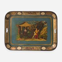 A Regency Chinoiserie tole tray with brass table base early 19th century and later