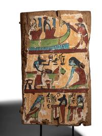 An Egyptian Painted Wood Sarcophagus Fragment with a Boat Scene