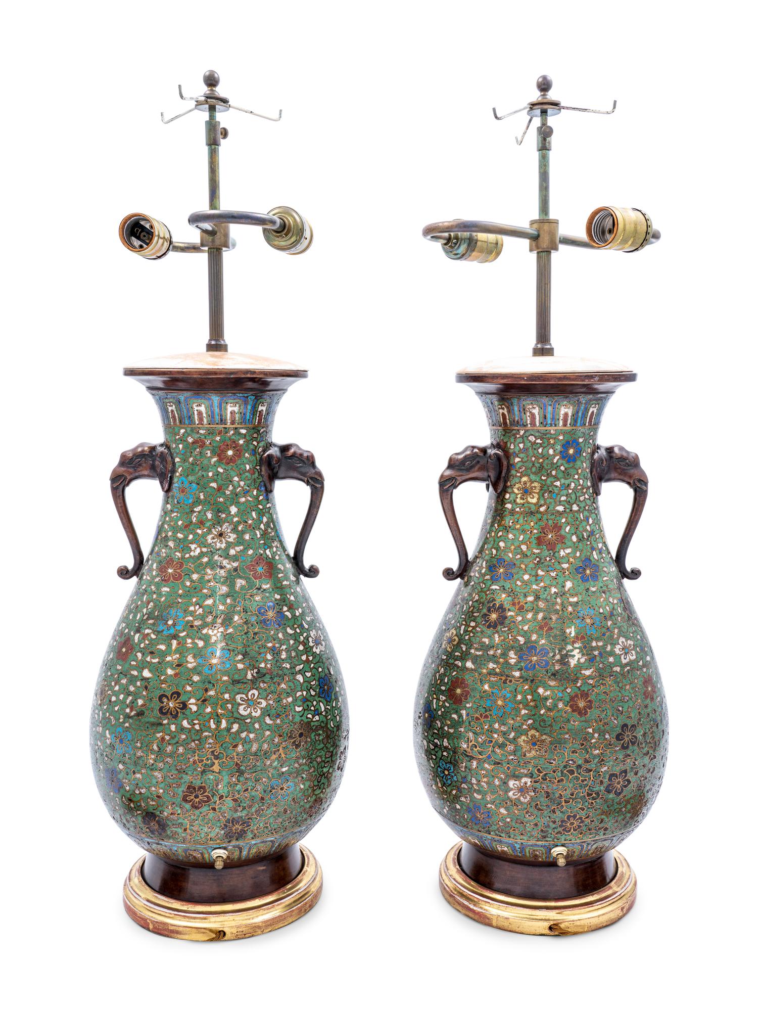 A Pair of Japanese Cloisonné Vases Mounted as Lamps