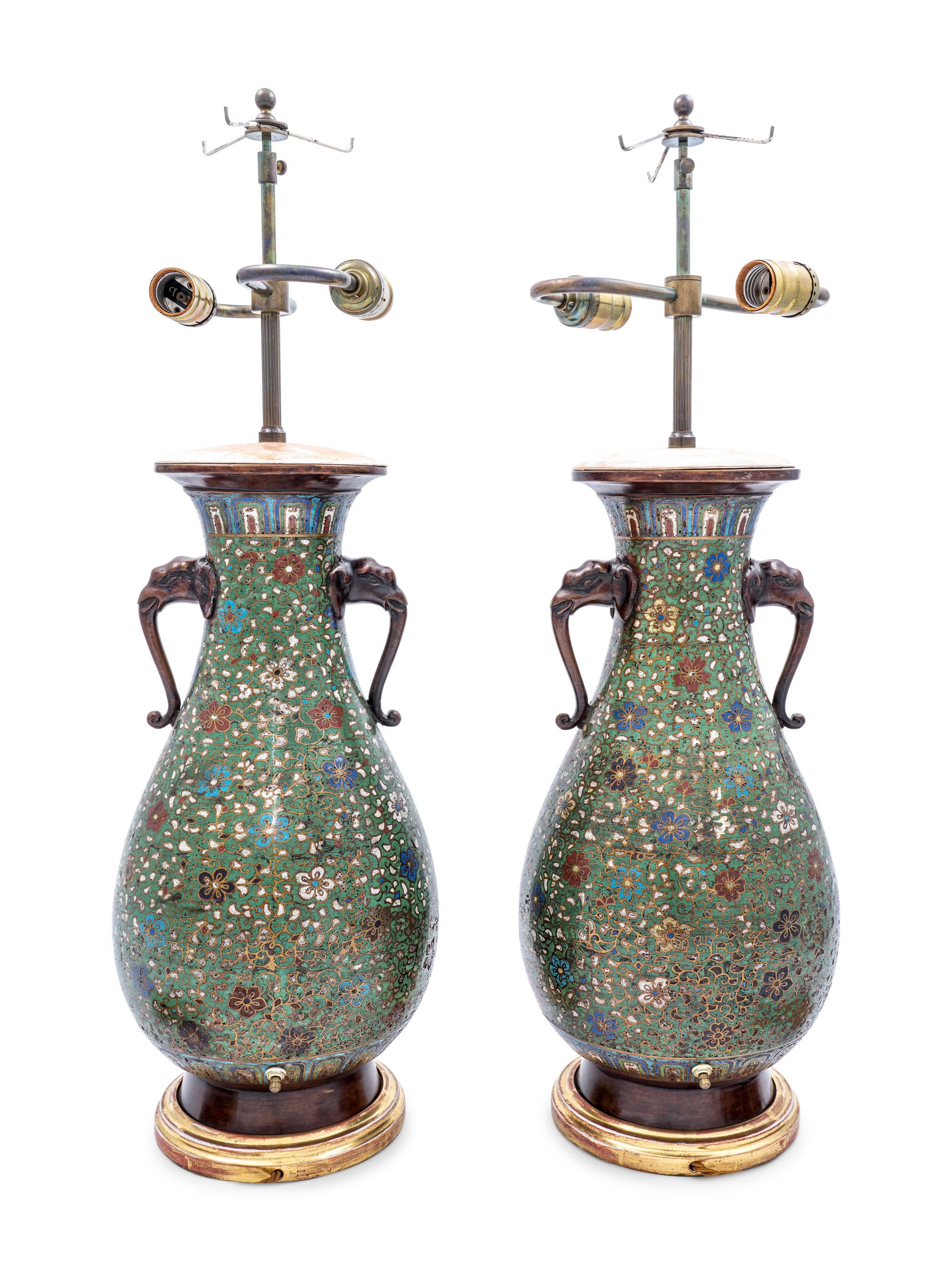 A Pair of Japanese Cloisonné Vases Mounted as Lamps