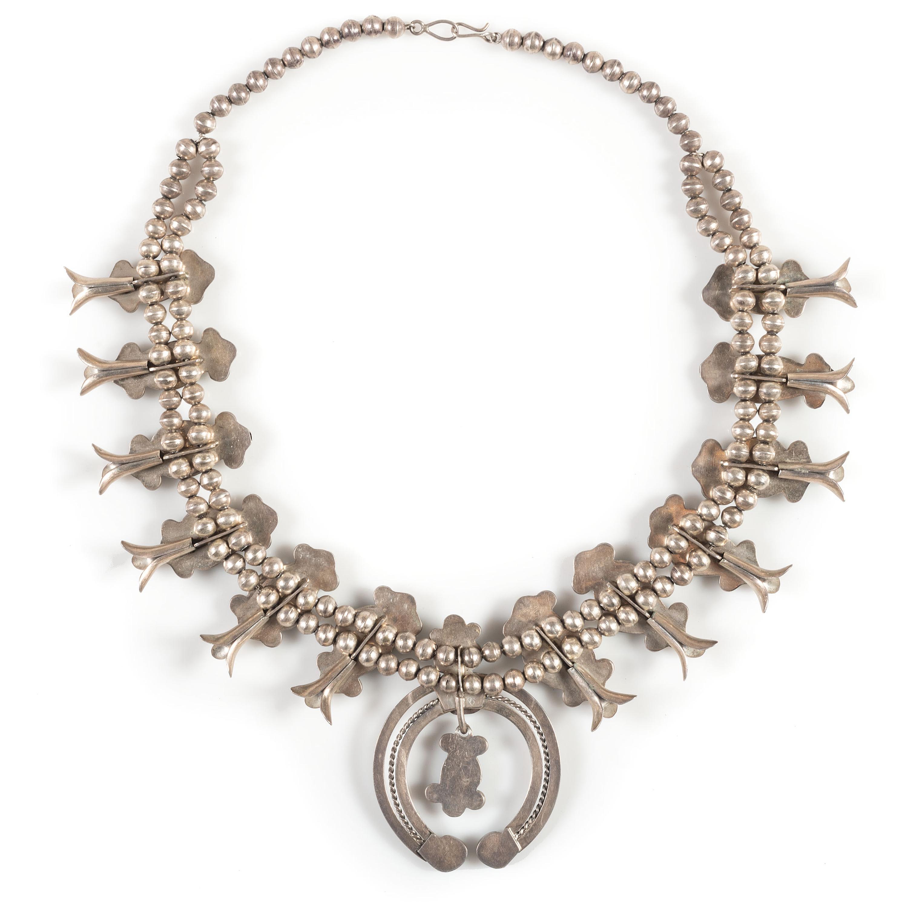 Navajo Silver and Turquoise Squash Blossom Necklace