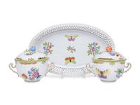 A Set of Twelve Herend Queen Victoria Porcelain Covered Bowls and a Tray